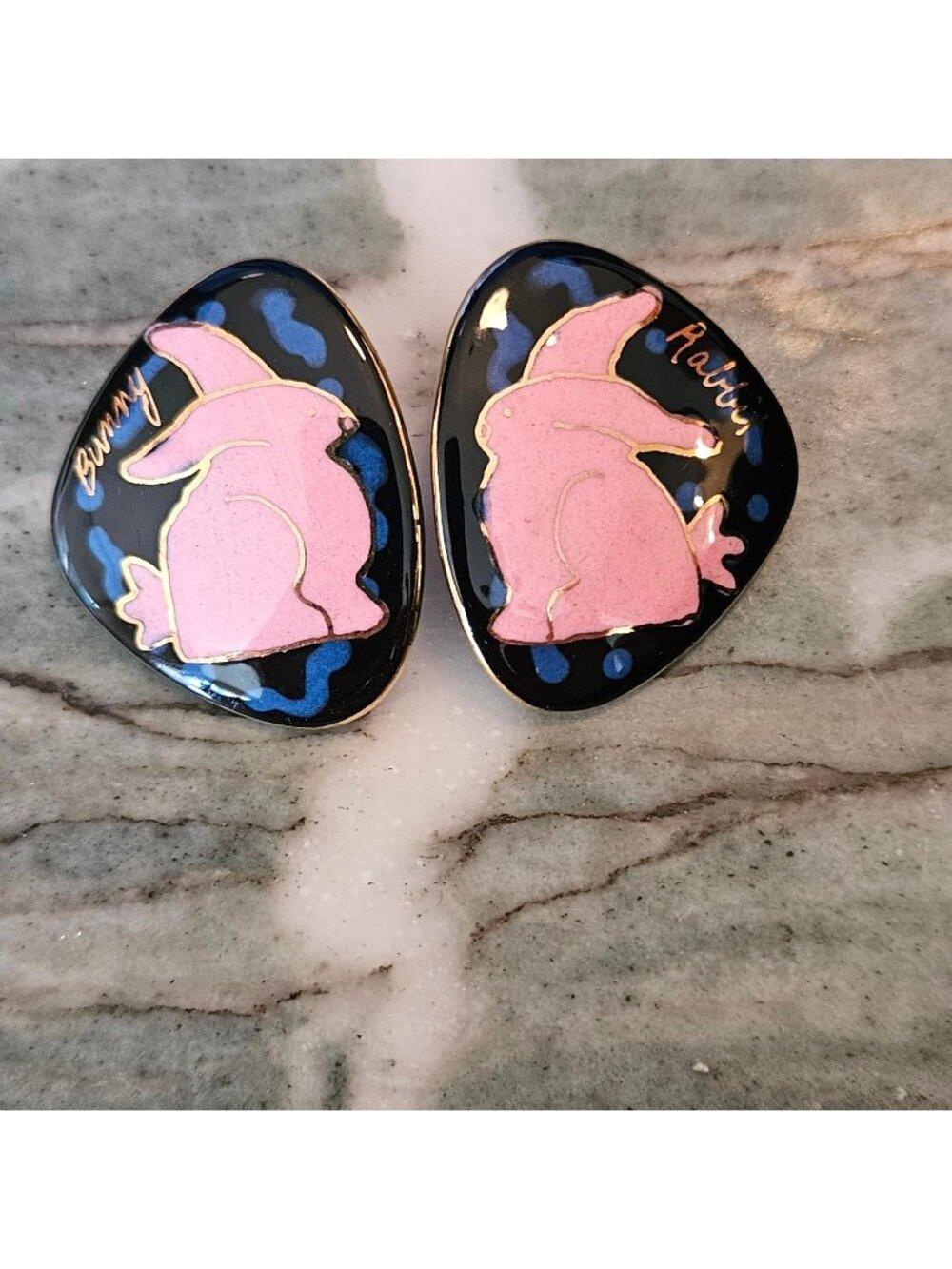 Pink Bunny Rabbit Enamel pierced Earrings Gold Detailing Artisan whimsey